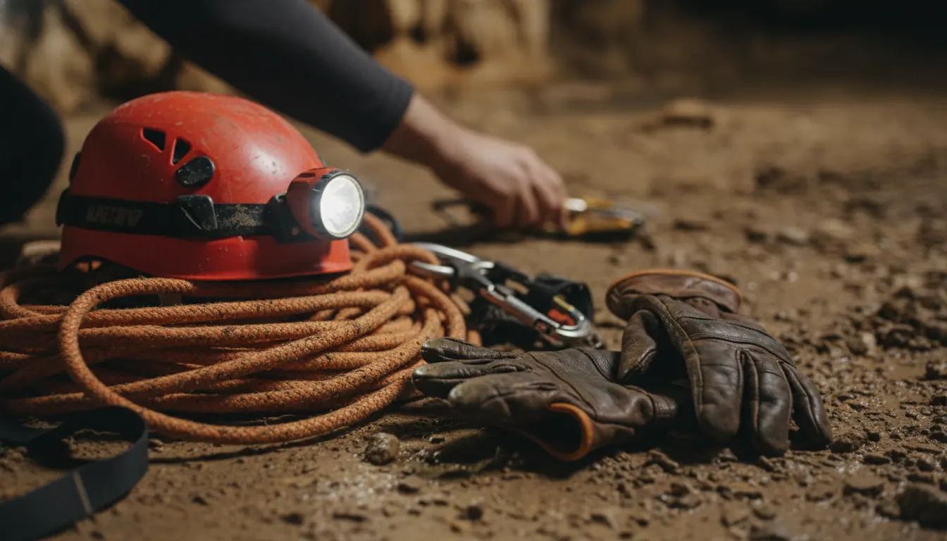 Caving equipment laid out including helmet, rope, headlamp, and leather gloves