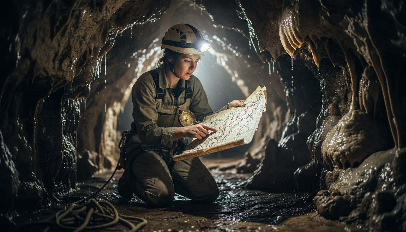 Caver studying compass and cave map while wearing helmet with headlamp in underground passage