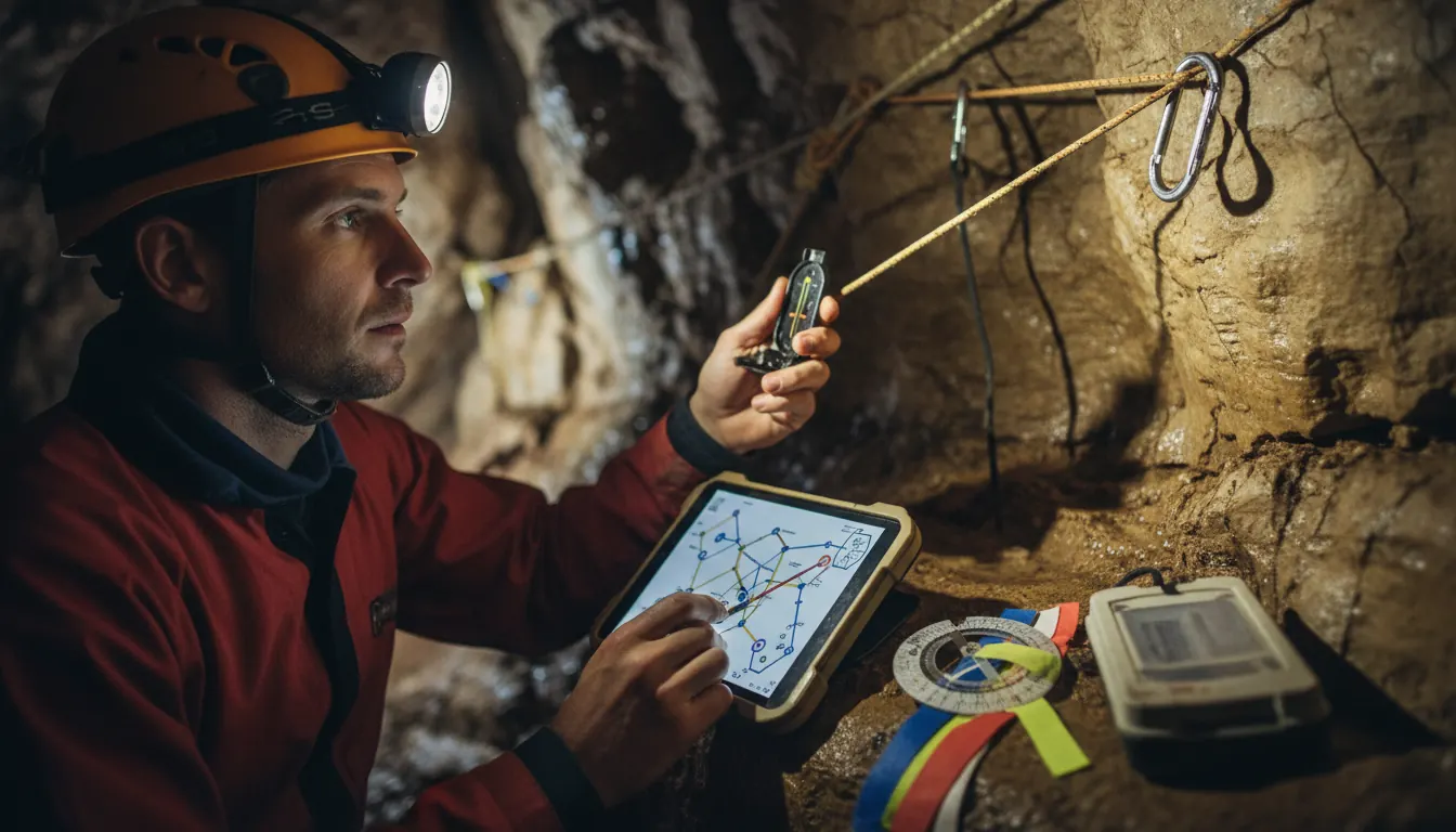 Caver practicing compass navigation and mental mapping exercises with training equipment