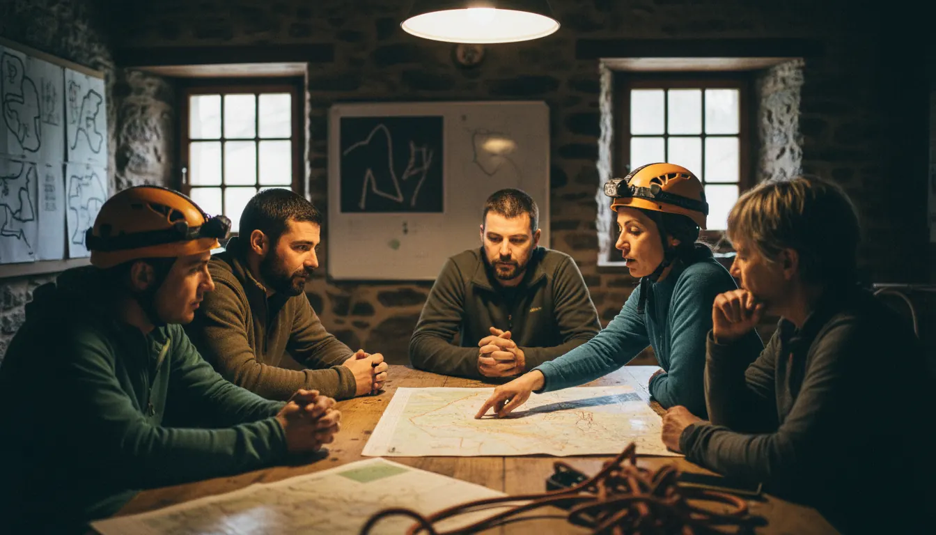 Caving club members gathered around table discussing route planning and safety protocols
