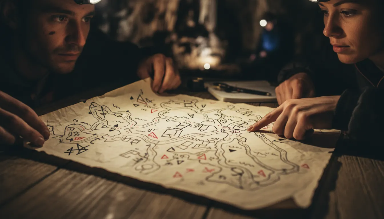 Detailed cave survey map showing passage networks with measurement annotations