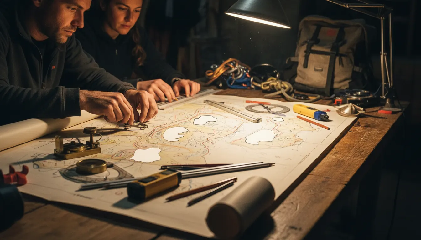 Detailed cave survey map with measurement instruments and plotting tools on work table
