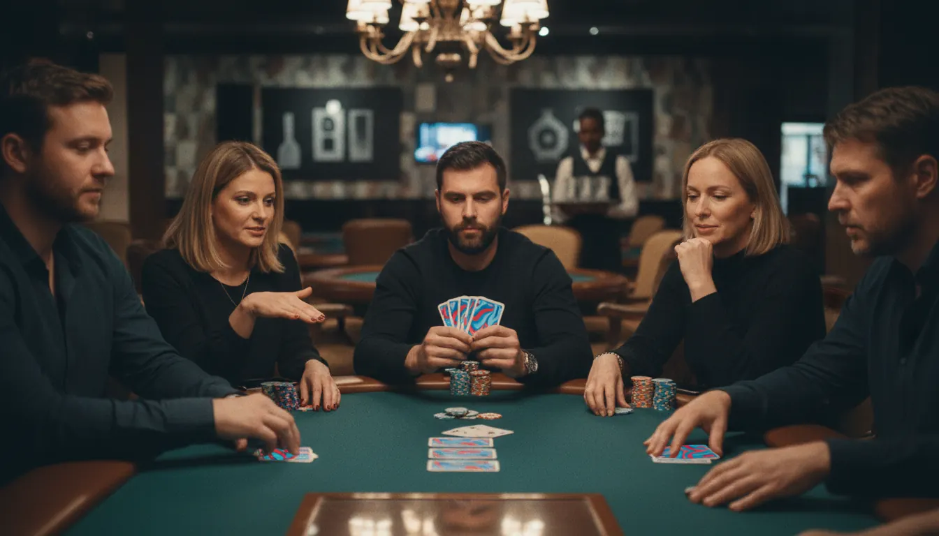 Group of people sitting around table playing poker cards in a social casino club setting